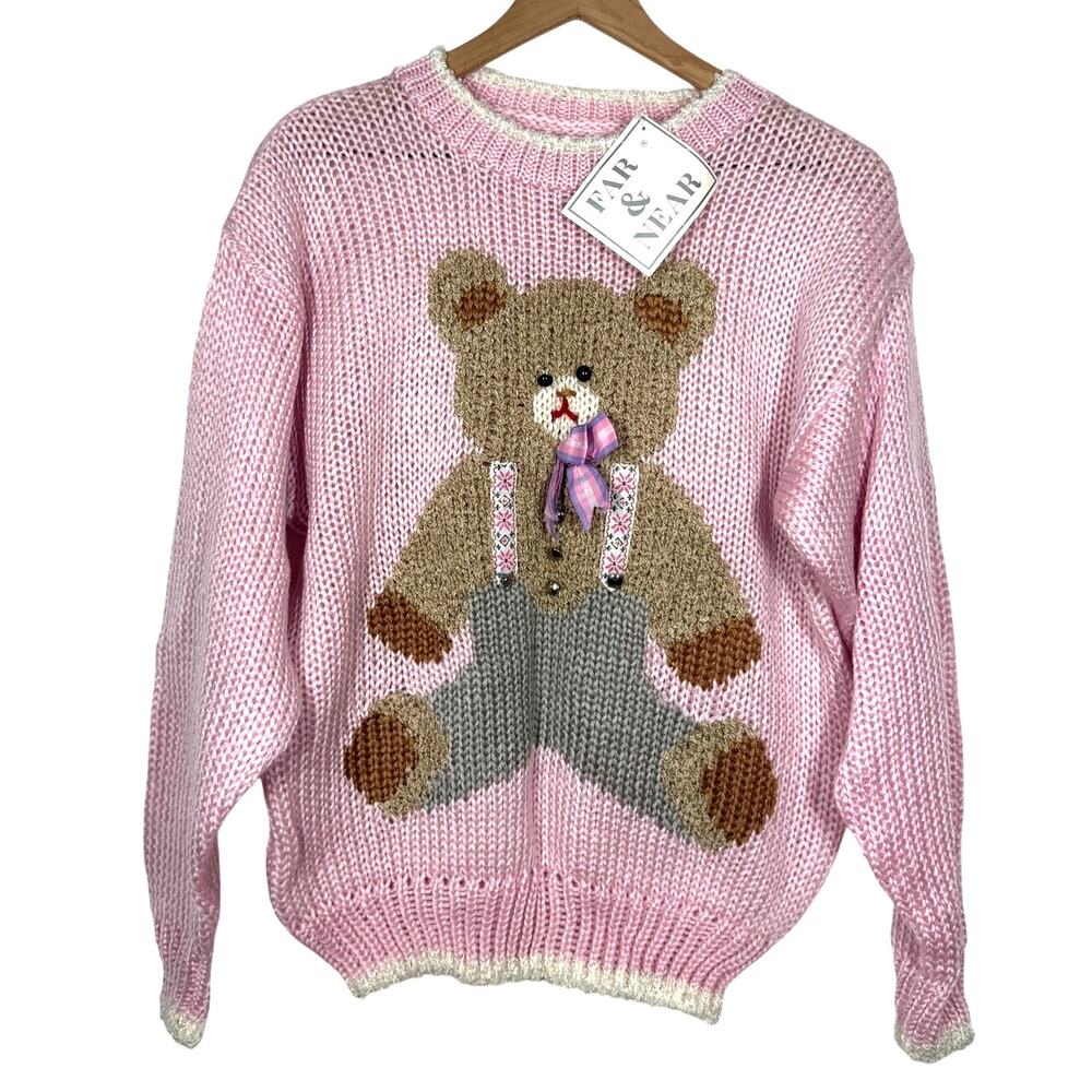 Vtg‎ Far & Near Sweater NWT Size M Teddy Bear Pink Deadstock Cottage Grandma